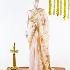 Pastel Floral Print Kerala Saree with Handworked Details