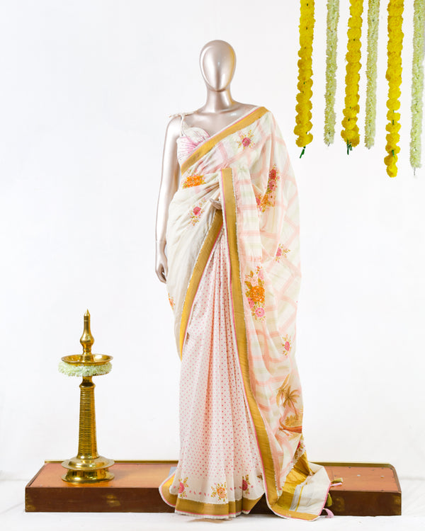 Pastel Floral Print Kerala Saree with Handworked Details