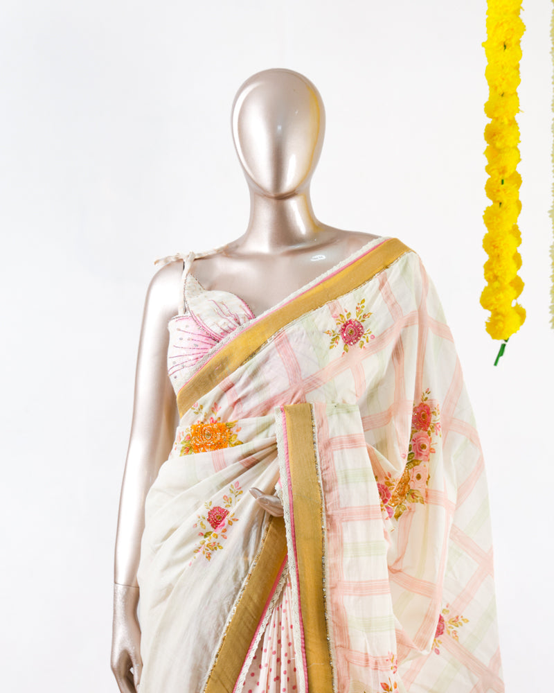 Pastel Floral Print Kerala Saree with Handworked Details