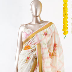 Pastel Floral Print Kerala Saree with Handworked Details