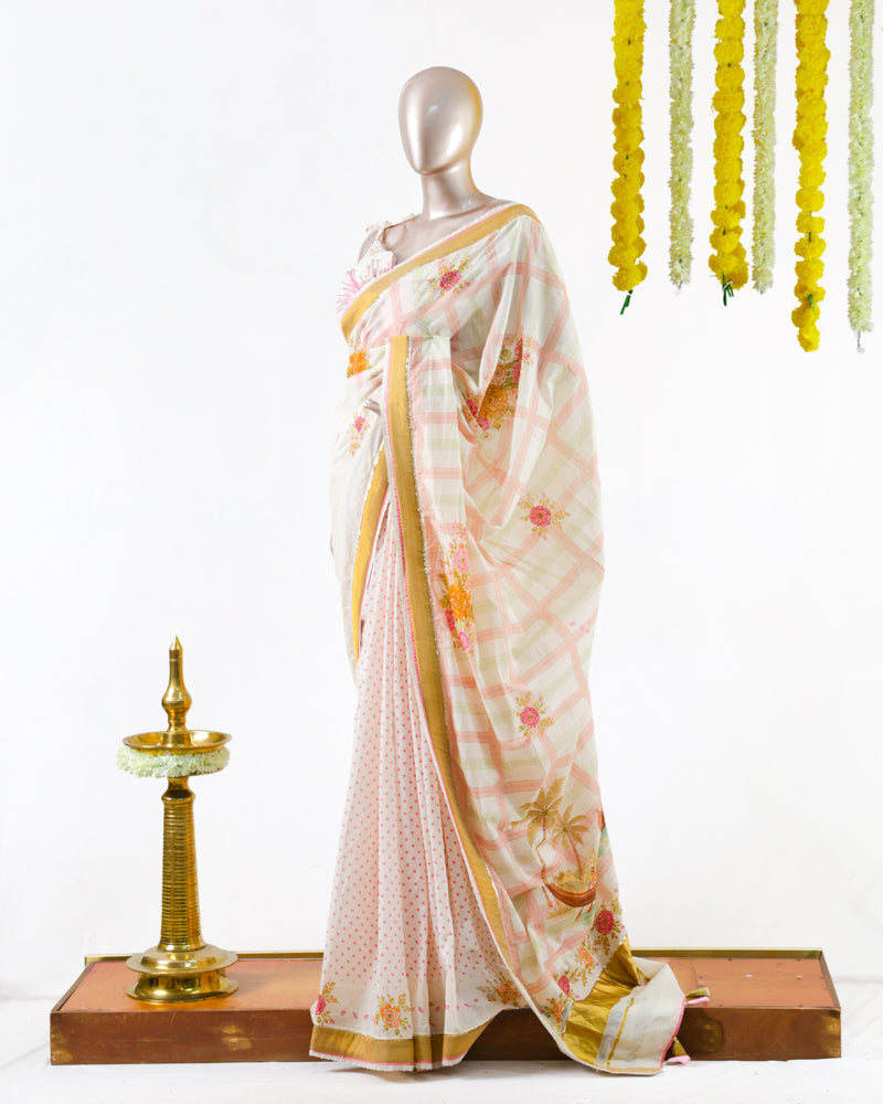Pastel Floral Print Kerala Saree with Handworked Details