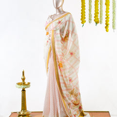 Pastel Floral Print Kerala Saree with Handworked Details