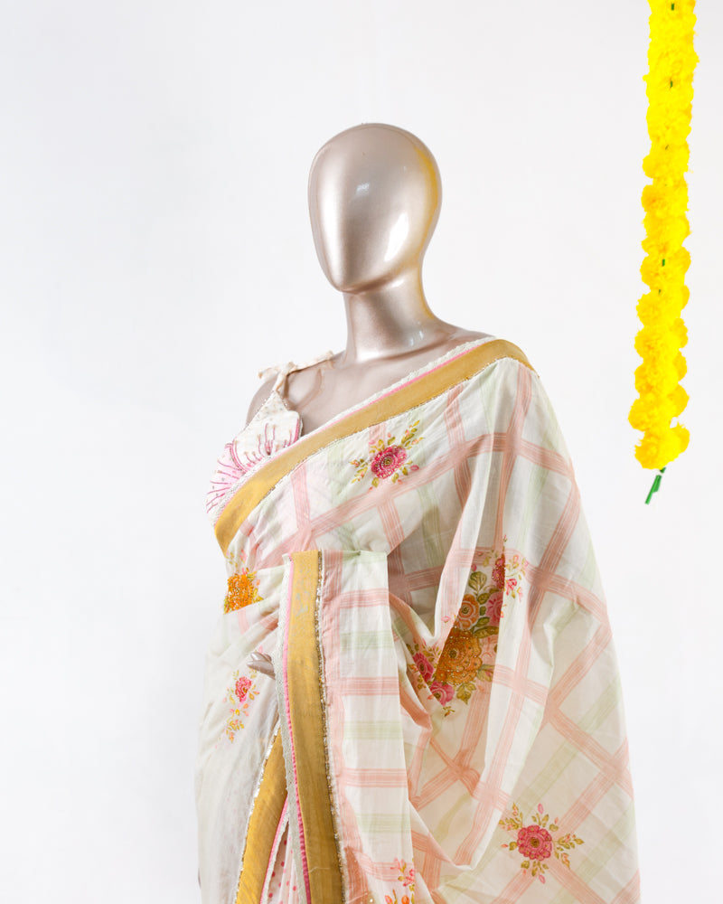 Pastel Floral Print Kerala Saree with Handworked Details