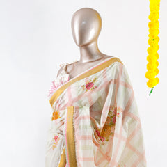 Pastel Floral Print Kerala Saree with Handworked Details