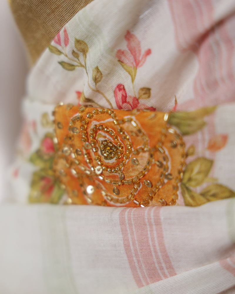 Pastel Floral Print Kerala Saree with Handworked Details