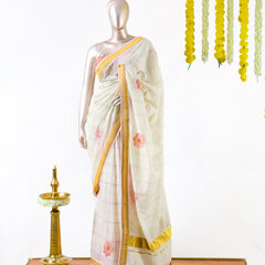 Pastel Floral Print Kerala Saree with Intricate Handworked Details