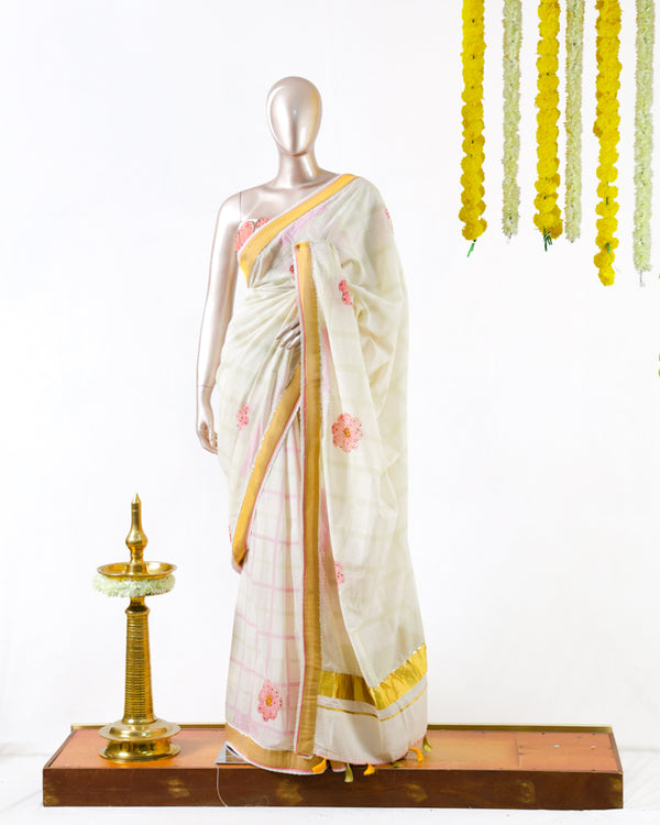 Pastel Floral Print Kerala Saree with Intricate Handworked Details