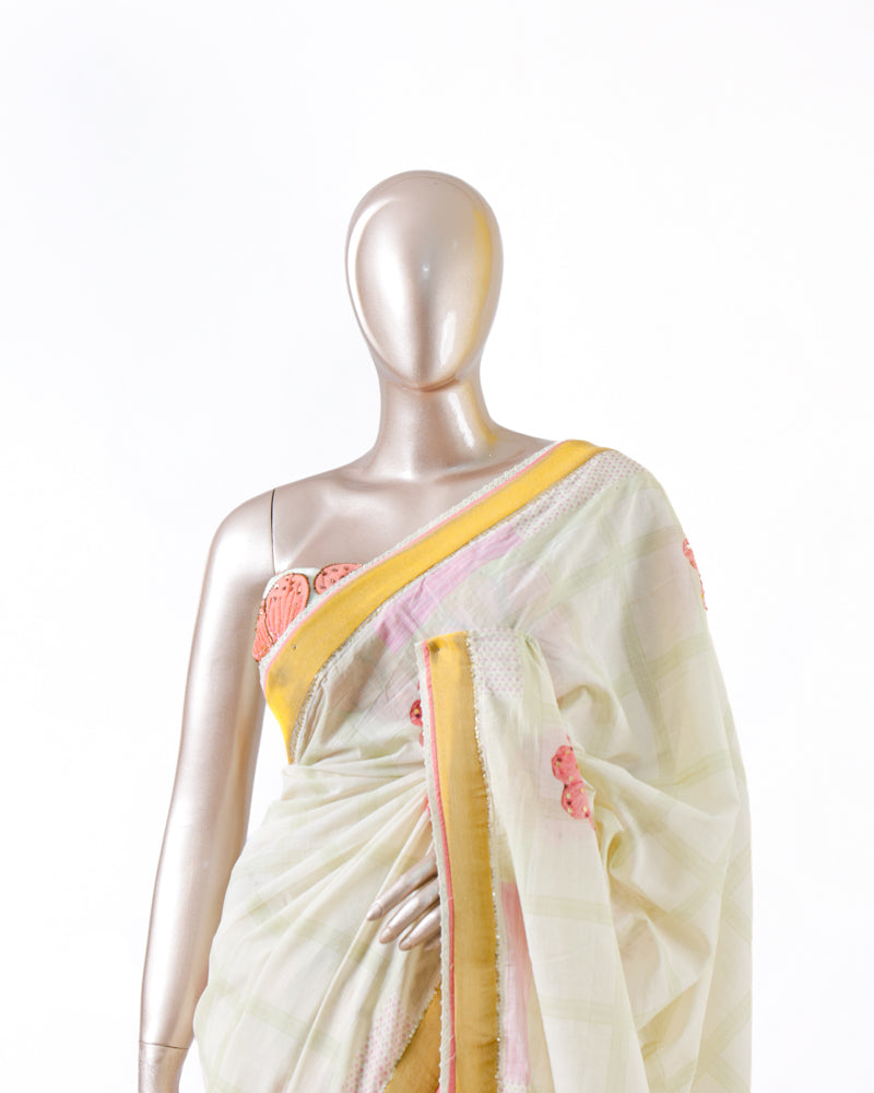 Pastel Floral Print Kerala Saree with Intricate Handworked Details