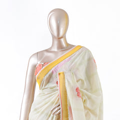 Pastel Floral Print Kerala Saree with Intricate Handworked Details