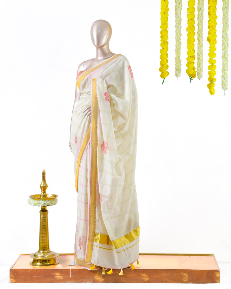 Pastel Floral Print Kerala Saree with Intricate Handworked Details