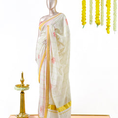 Pastel Floral Print Kerala Saree with Intricate Handworked Details
