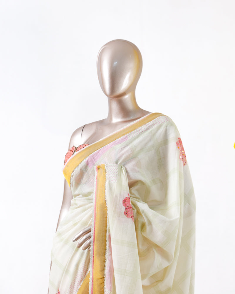Pastel Floral Print Kerala Saree with Intricate Handworked Details