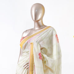 Pastel Floral Print Kerala Saree with Intricate Handworked Details