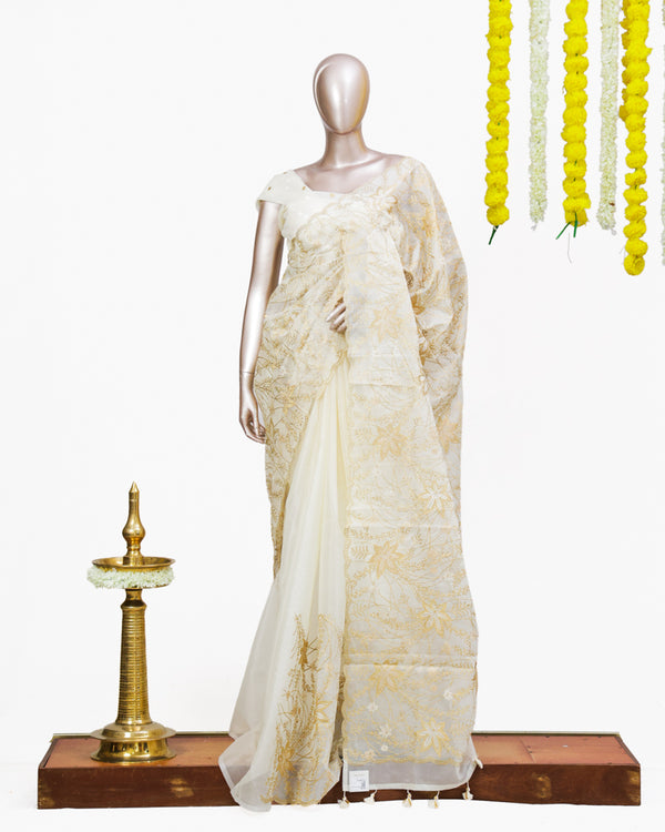 Golden Blossom Organza Saree