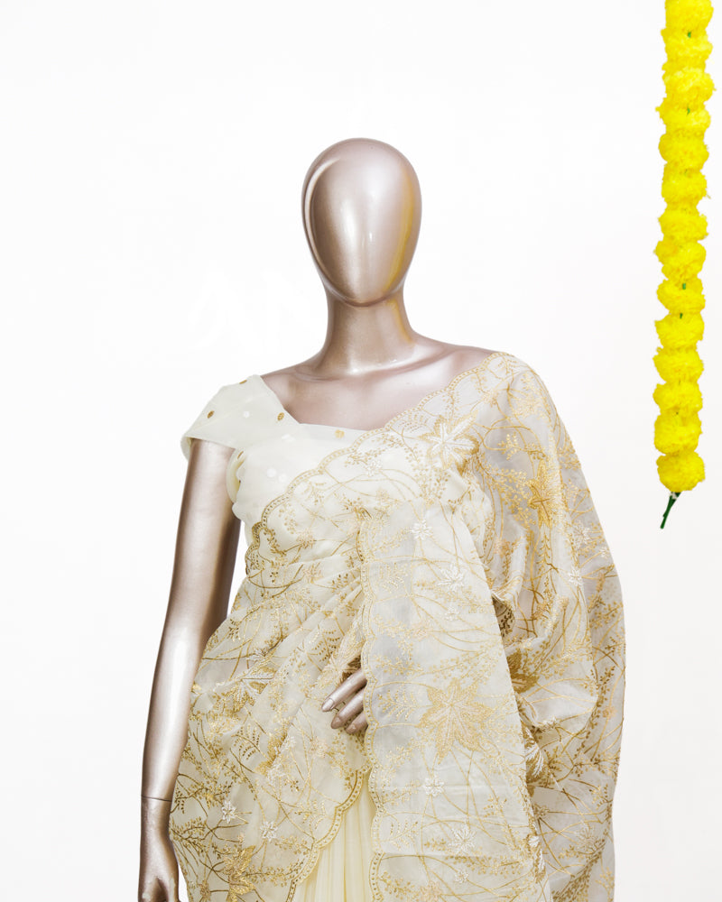 Golden Blossom Organza Saree