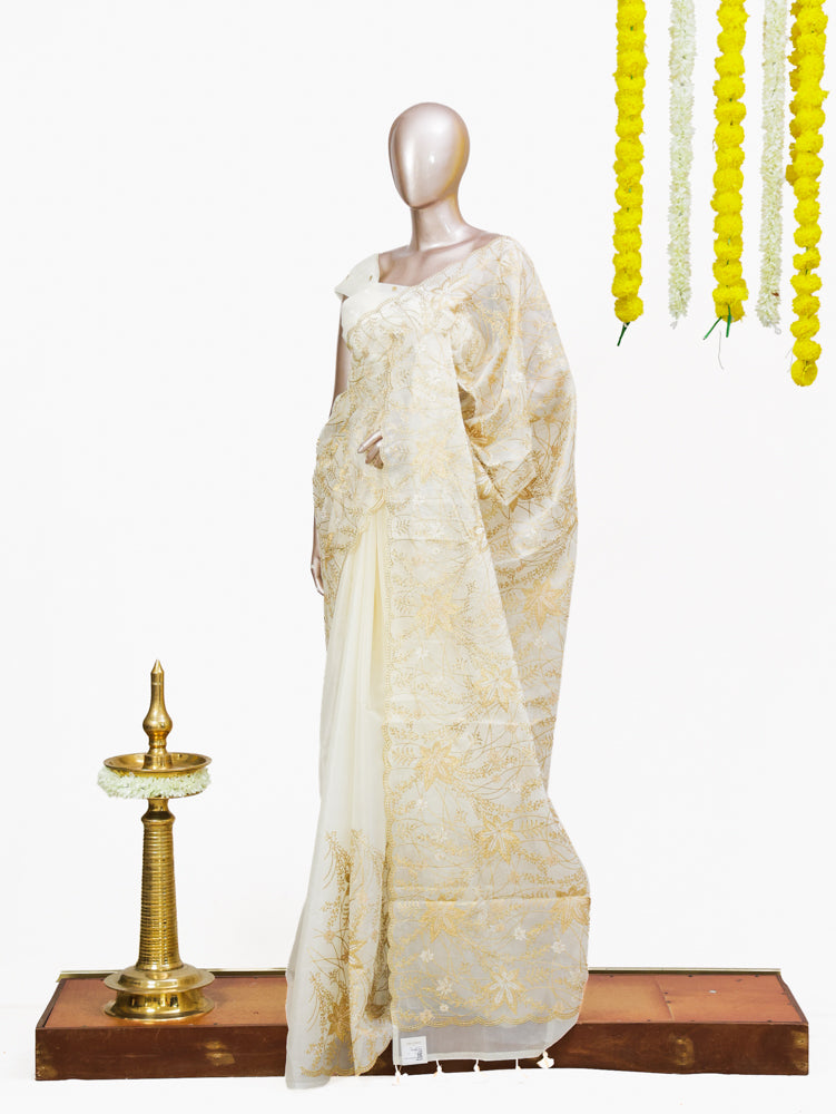 Golden Blossom Organza Saree
