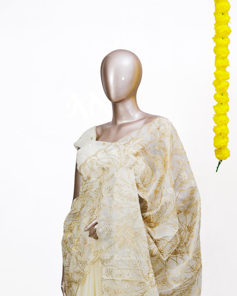 Golden Blossom Organza Saree