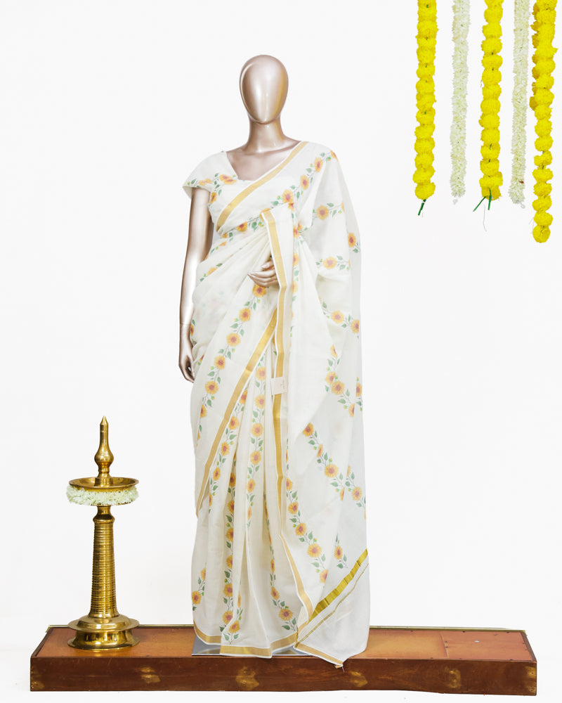 Sunflower Print Kerala Saree