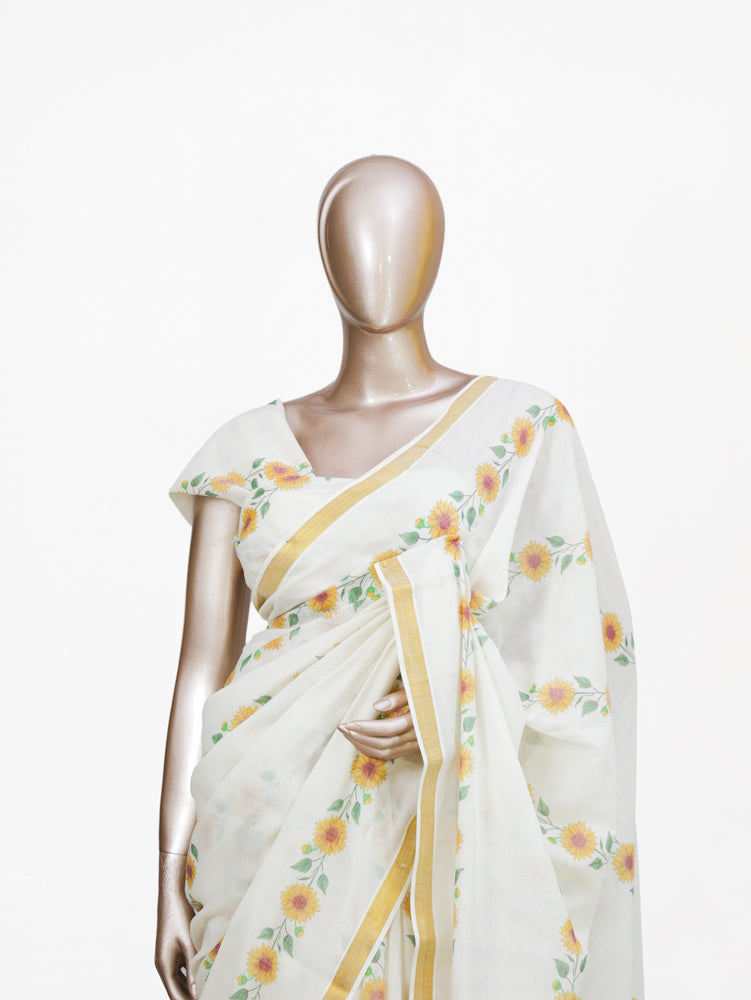 Sunflower Print Kerala Saree