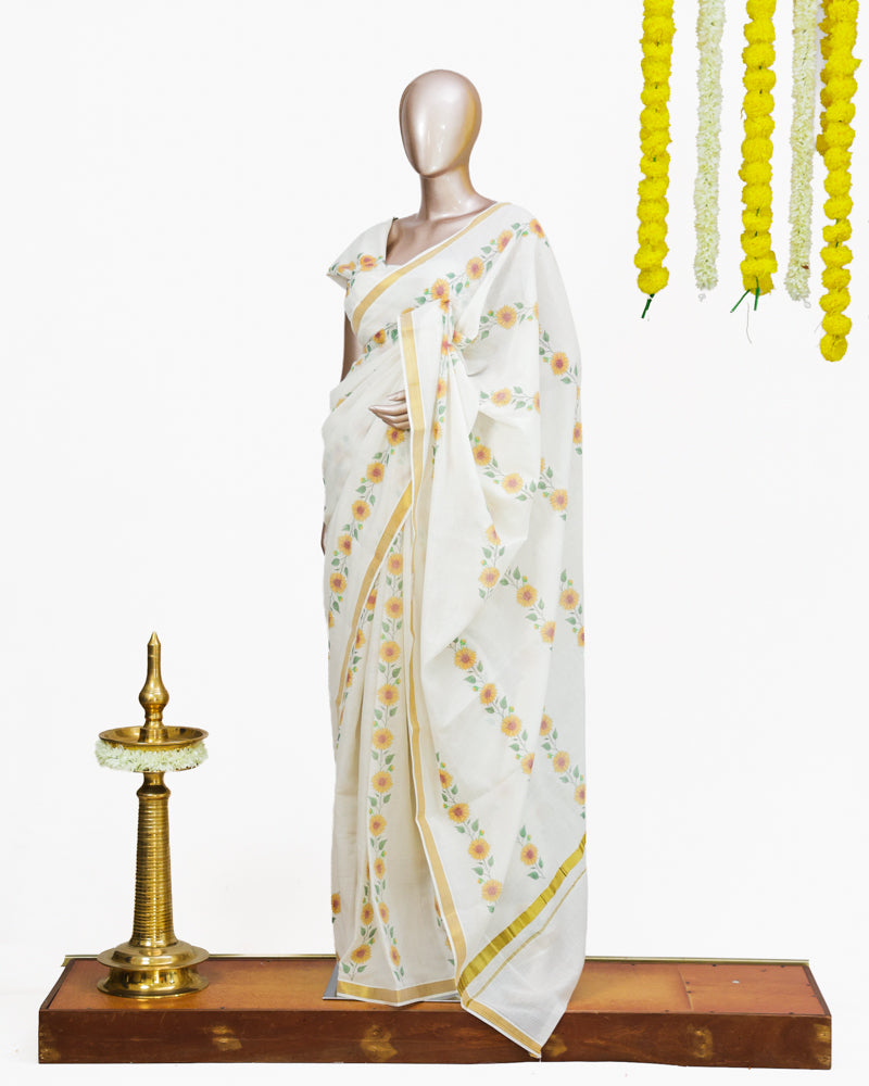 Sunflower Print Kerala Saree