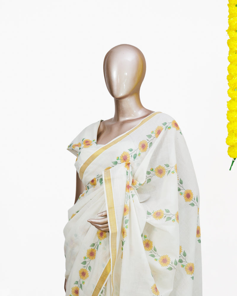 Sunflower Print Kerala Saree