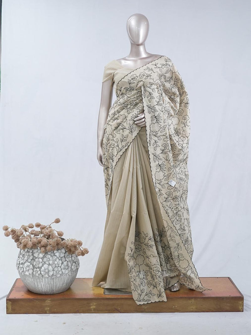 Floral embroidered raw cotton saree SAN5546  A