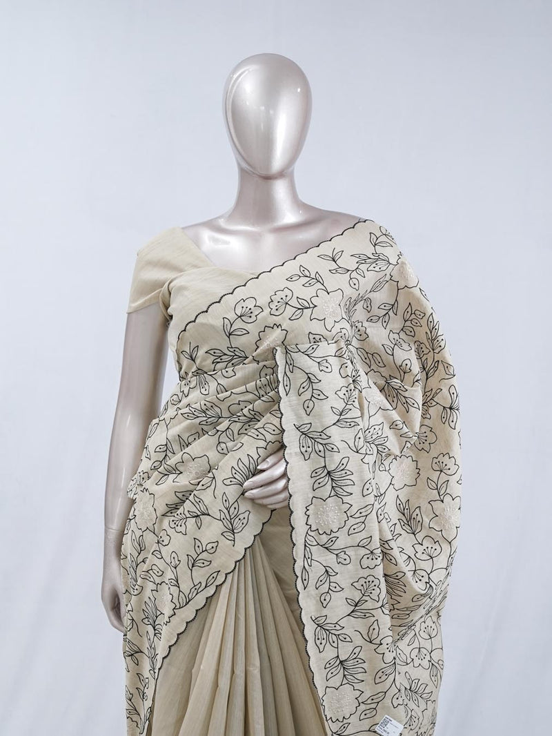 Floral embroidered raw cotton saree SAN5546  A