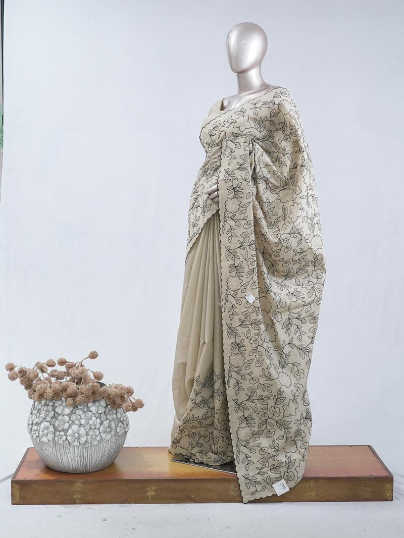 Floral embroidered raw cotton saree SAN5546  A