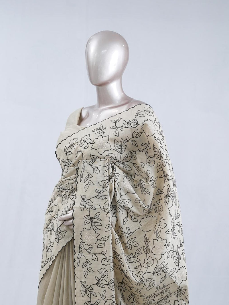 Floral embroidered raw cotton saree SAN5546  A