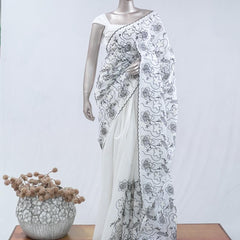 Floral embroidered raw cotton saree  SAN5546