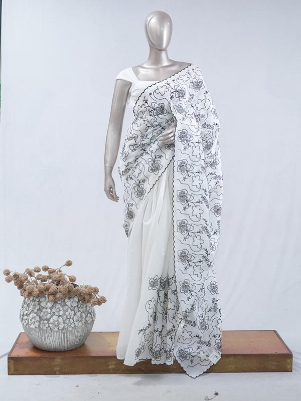 Floral embroidered raw cotton saree  SAN5546