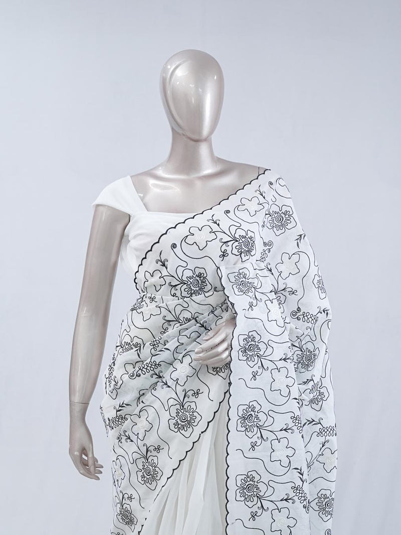 Floral embroidered raw cotton saree  SAN5546
