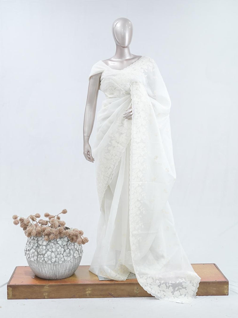 White Applique embroidery kota saree
