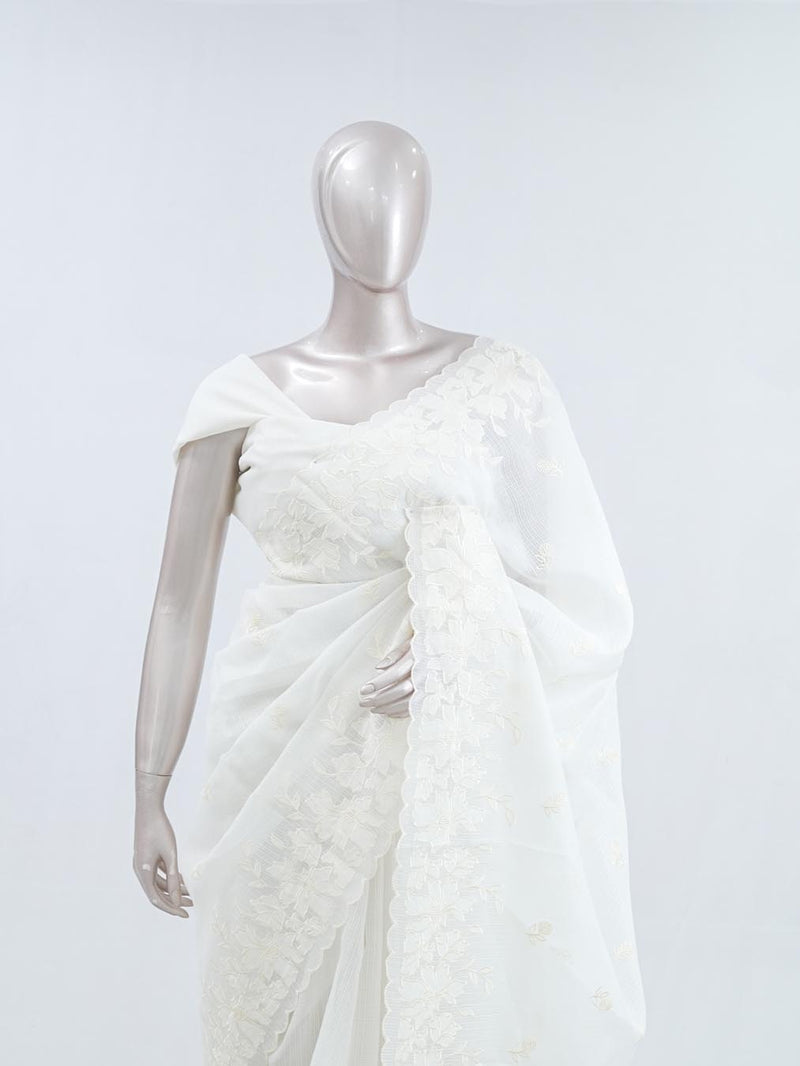White Applique embroidery kota saree