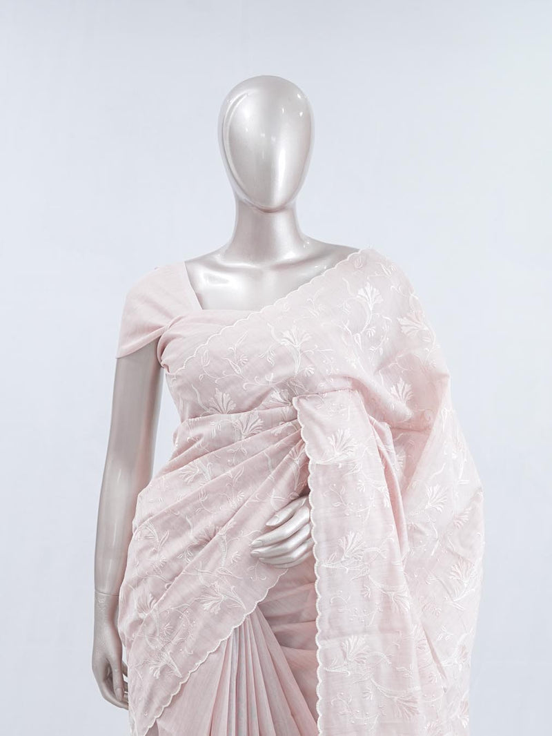 Blush pink floral embroidered raw cotton saree SAN5550  E