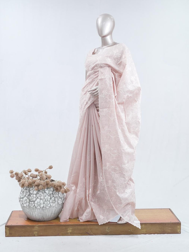 Blush pink floral embroidered raw cotton saree SAN5550  E