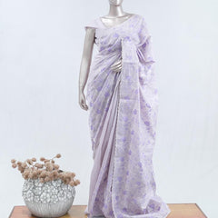 Soft lavender floral embroidered raw cotton saree  A3 SAN5550