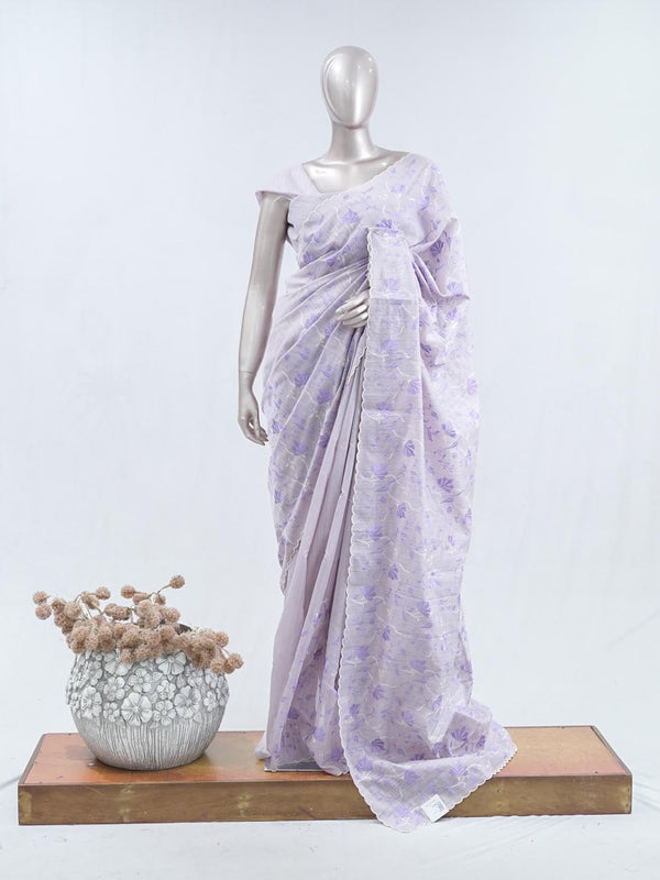 Soft lavender floral embroidered raw cotton saree  A3 SAN5550