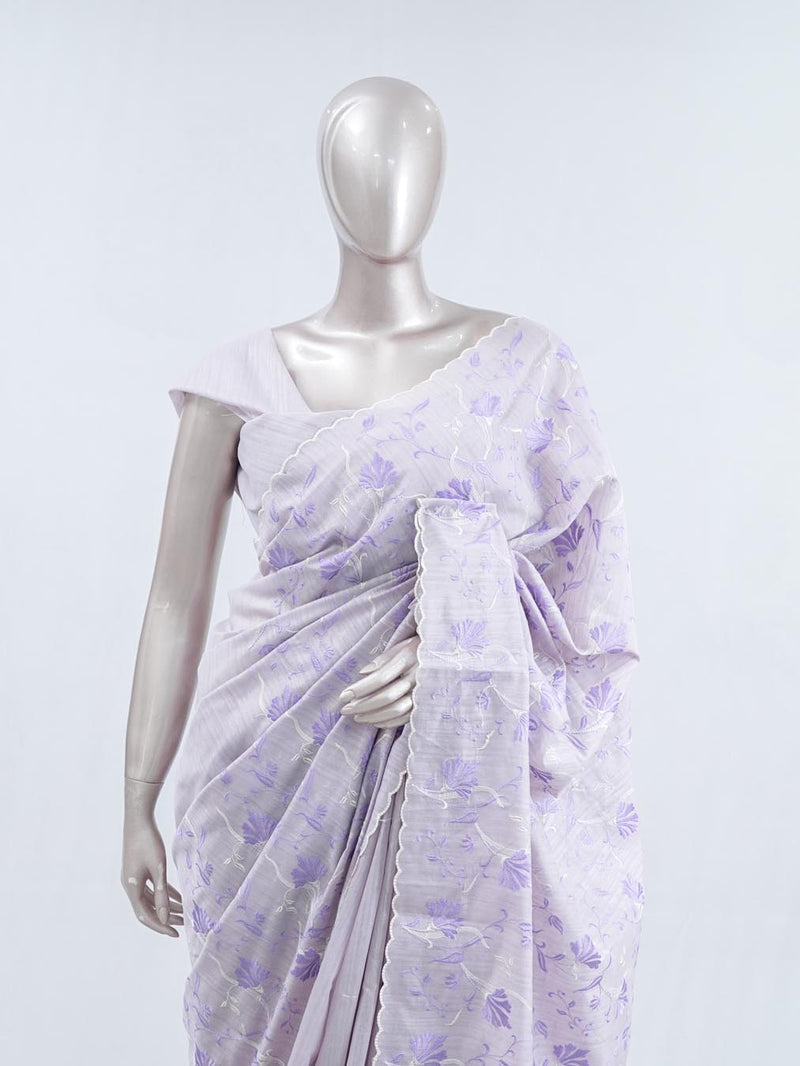 Soft lavender floral embroidered raw cotton saree  A3 SAN5550