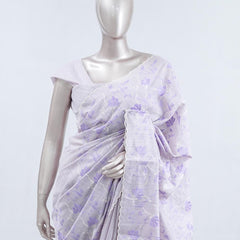 Soft lavender floral embroidered raw cotton saree  A3 SAN5550