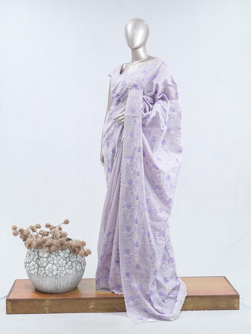Soft lavender floral embroidered raw cotton saree  A3 SAN5550