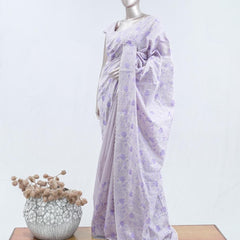 Soft lavender floral embroidered raw cotton saree  A3 SAN5550