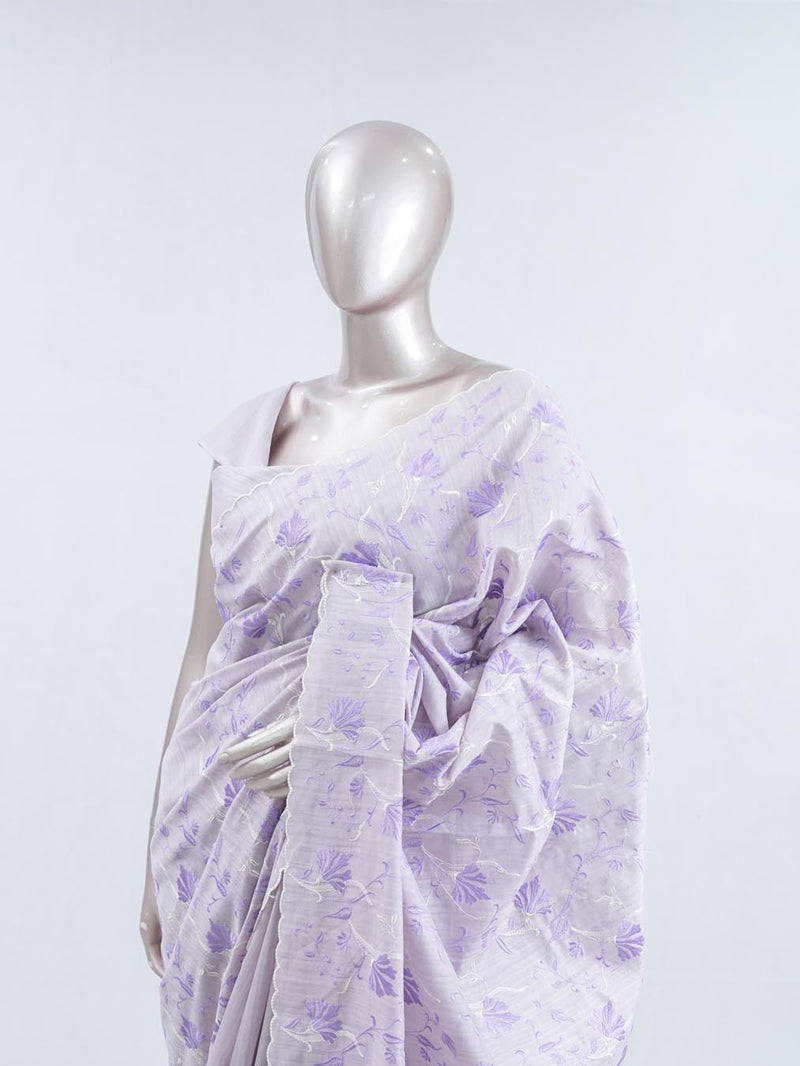 Soft lavender floral embroidered raw cotton saree  A3 SAN5550