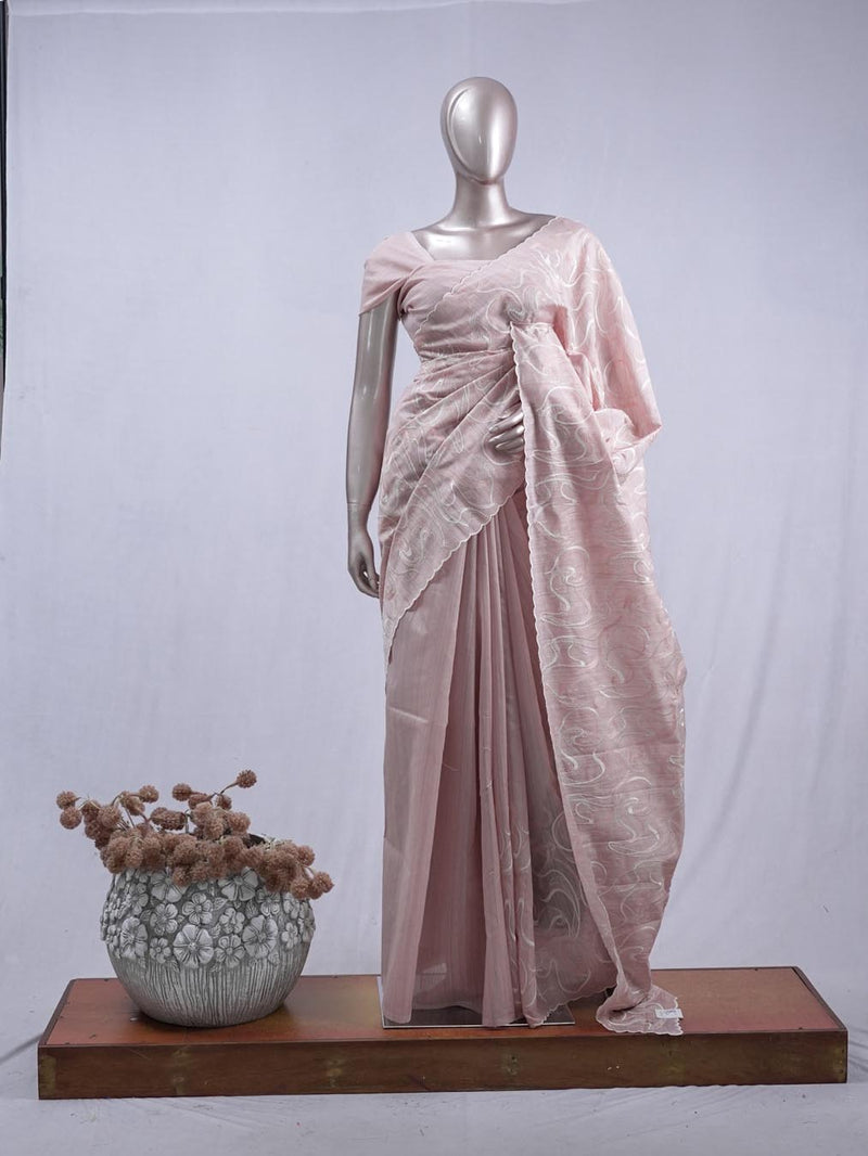 Dusty rose pink Abstract embroidered raw cotton saree SAN5551 H