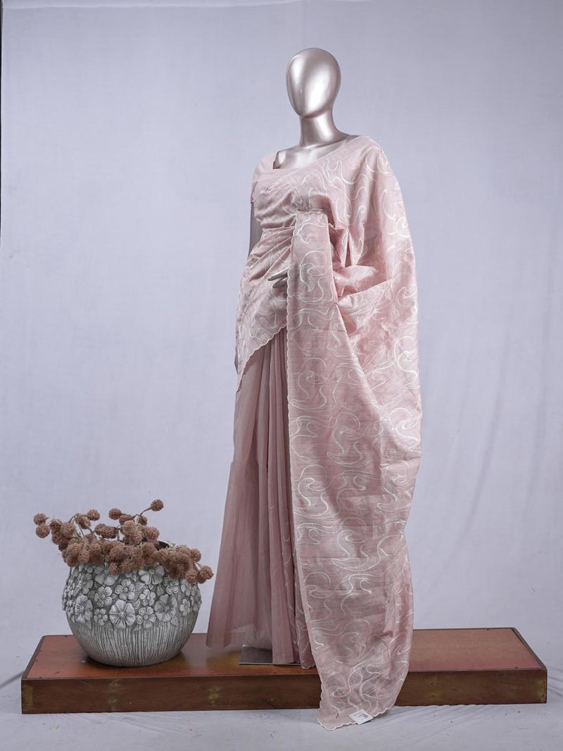 Dusty rose pink Abstract embroidered raw cotton saree SAN5551 H