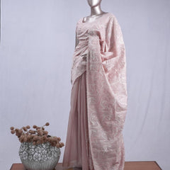 Dusty rose pink Abstract embroidered raw cotton saree SAN5551 H