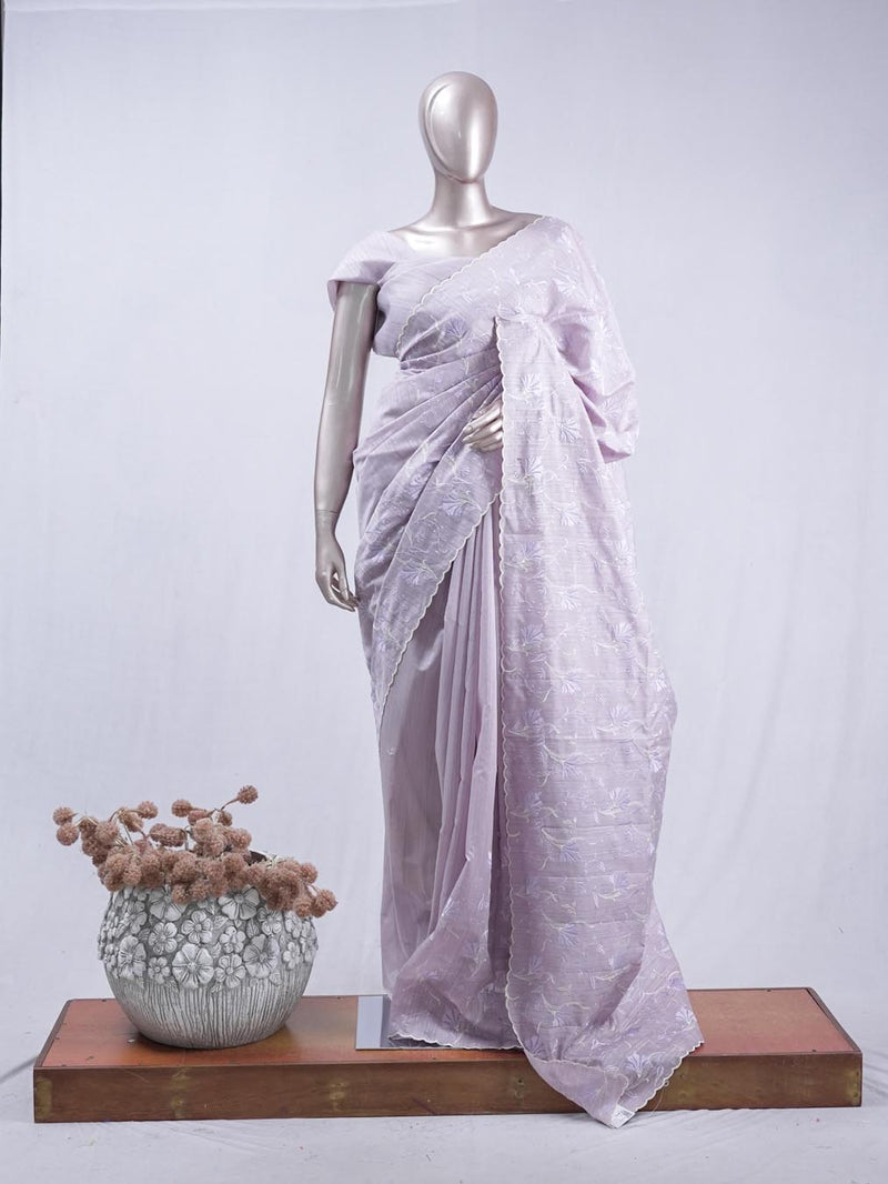 Soft lavender floral embroidered raw cotton saree  A2  SAN5550