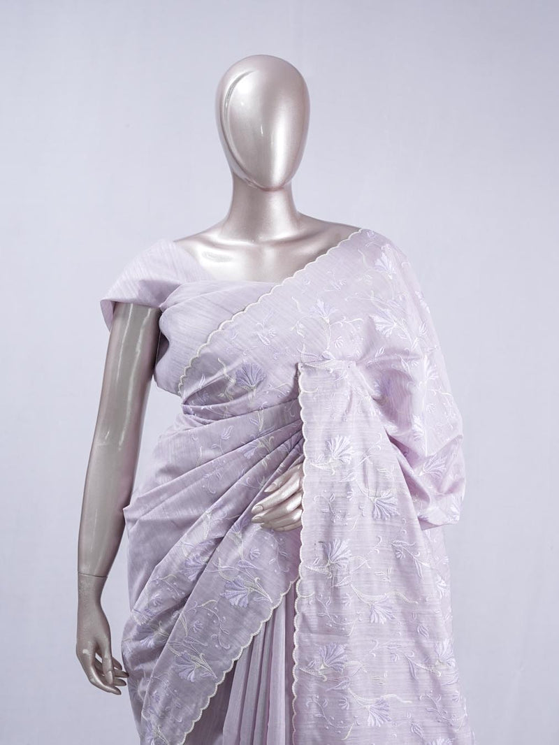 Soft lavender floral embroidered raw cotton saree  A2  SAN5550
