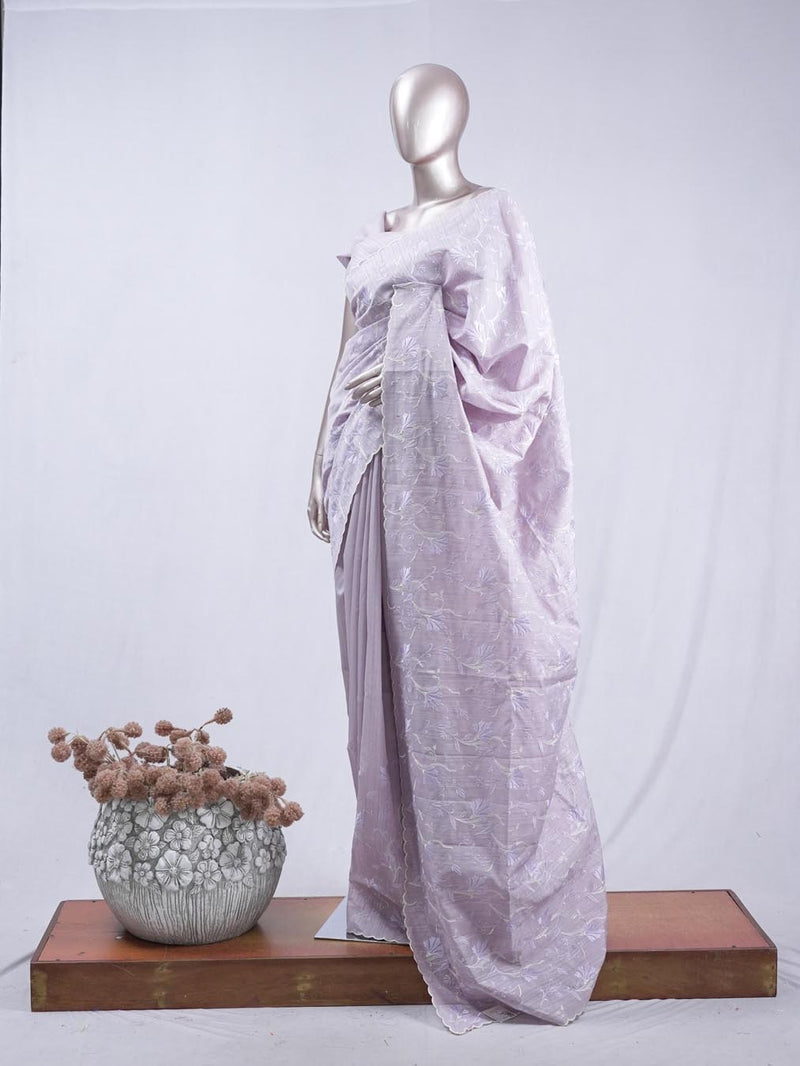 Soft lavender floral embroidered raw cotton saree  A2  SAN5550