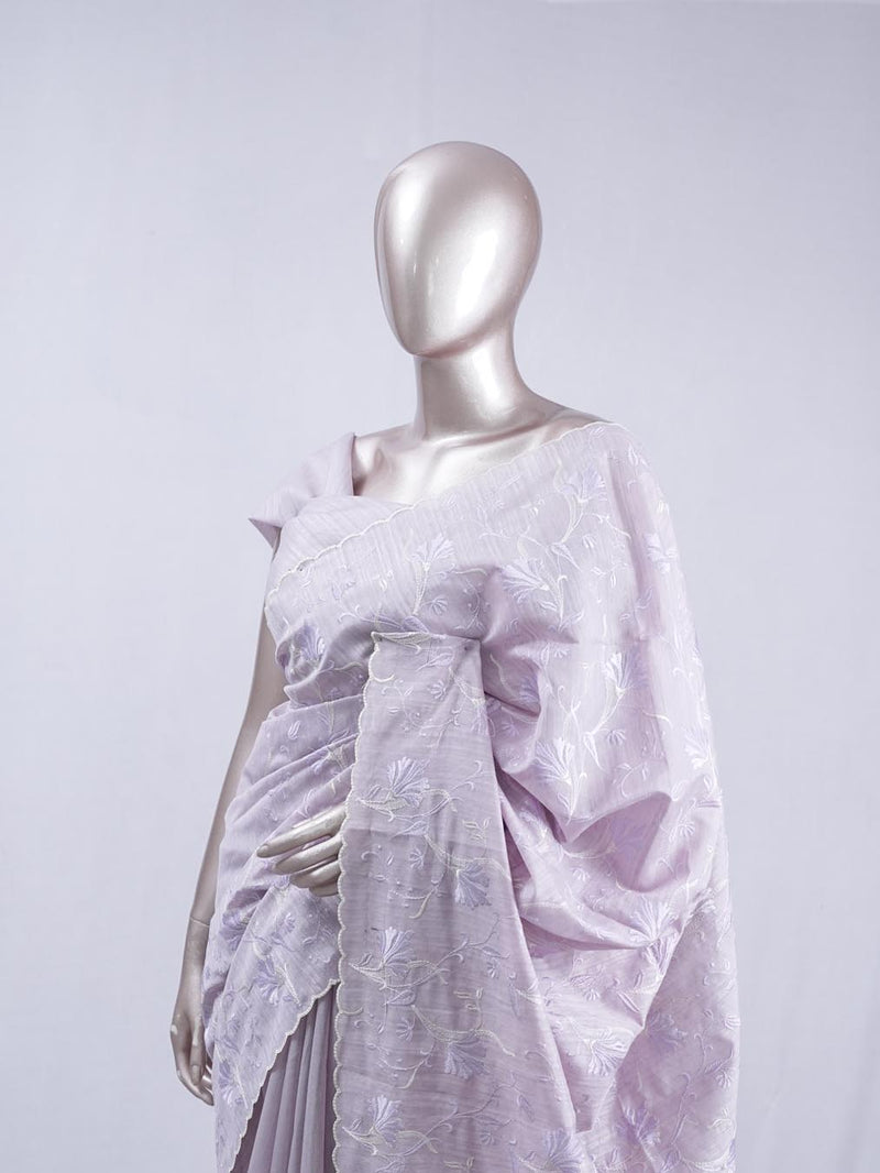 Soft lavender floral embroidered raw cotton saree  A2  SAN5550